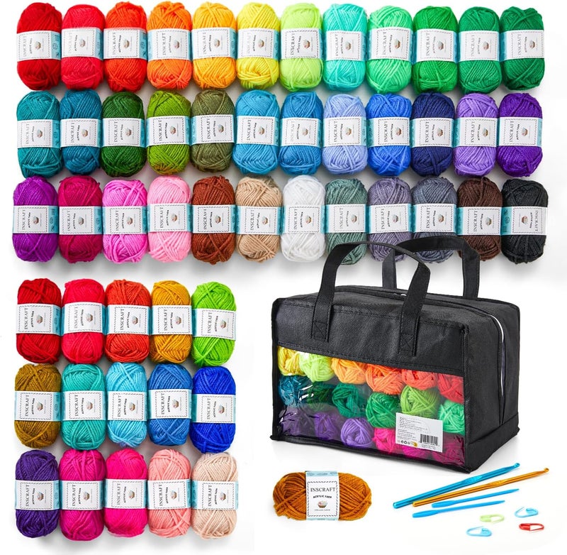 Inscraft 52 Acrylic Yarn Skeins, 1820 Yards 52 Colors, 2 Crochet Hooks, 2 Weaving Needles, 10 Stitch Markers, 1 Bag, for Crocheting & Knitting, Gift Beginners and Adults - Image 1